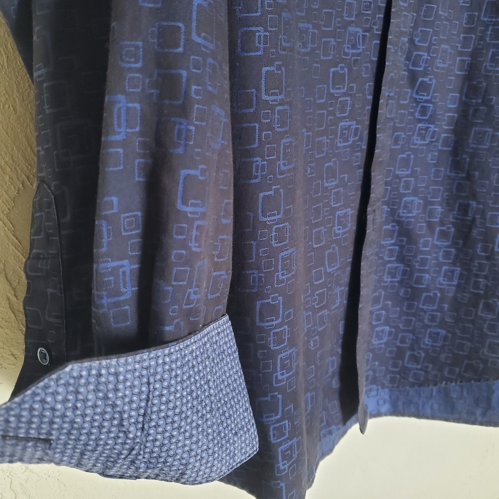 Bugatchi Navy All Over Geometric Pattern Shirt Me… - image 5